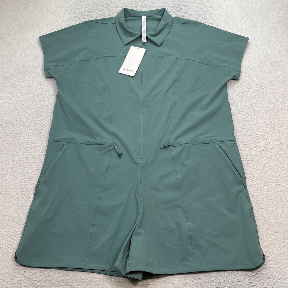 Lululemon Stretch Rib Pocketed Romper Size 14 Zip Green Short Sleeve NWT
